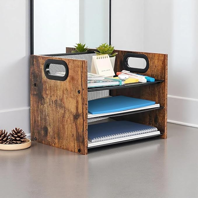 Wood Desk Organizer - 3-Tier Desktop File Organizer, Wooden Paper Tray, Office Desk Organzier and Accessories for Papers, Mail, Notebooks, Stationery