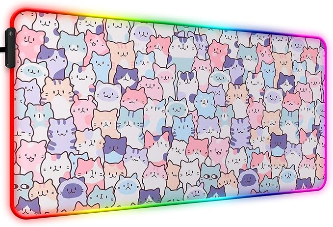 RGB Pink Cat Mouse Pad, Large LED Gaming Light Up Computer Mousepad, Long Glowing PC Laptop and Keyboard Office Desk Mat for Women