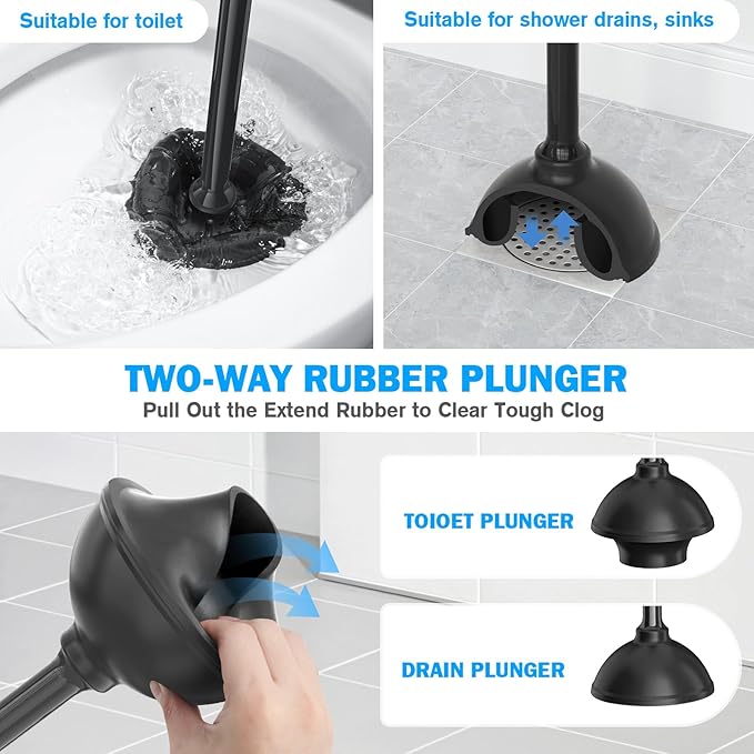 Toilet Plunger and Brush Set, 2 Pack Bowl Brush and Heavy Duty Toilet Plunger with Ventilated Holder, 2-in-1 Toilet Brush and Plunger Combo for 5.3-inch Toilet Drain Bathroom Deeply Cleaning(Black)