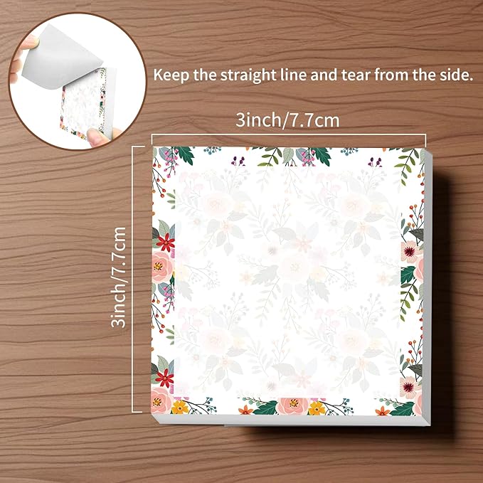 Sticky Notes, 2 Pads, 3x3 inches, Cute Colorful Fun Self-Stick Note Pads, Easy Post, Strong Adhesive Notepad Pink Mint Floral