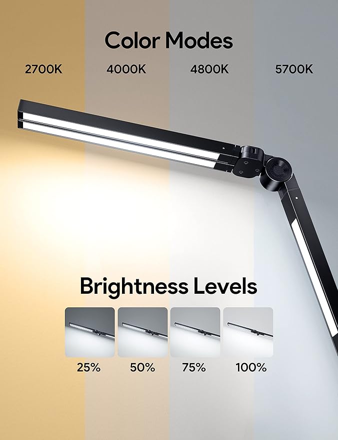 MediAcous LED Desk Lamp with Clamp, 20W 3 Lights Desk Light for Home Office, Flexible Swing Arm, Control Box, 4 Color Modes, 4 Brightness, Memory Function, Eye-Caring Clip on Lamp for Workbench