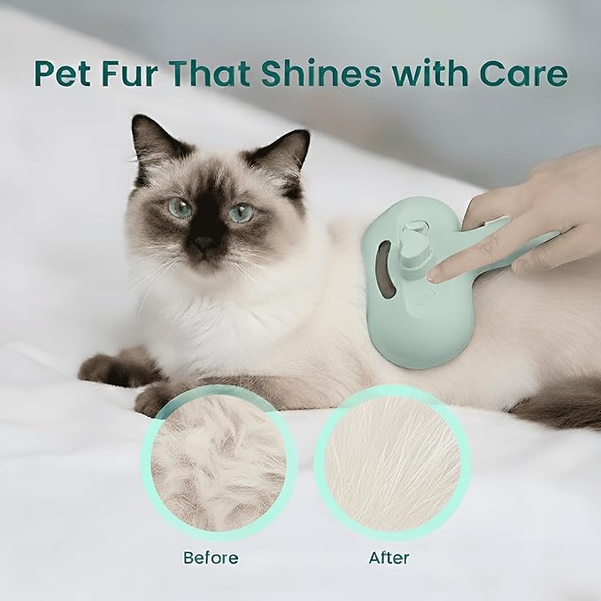3 in 1 Steam Grooming Brush for Cats & Dogs, USB Rechargeable Hair Removal Comb with Spray Mist & Self Clean Button, Includes 200 ml Shampoo for Indoor Pet Shedding & Detangling, Green
