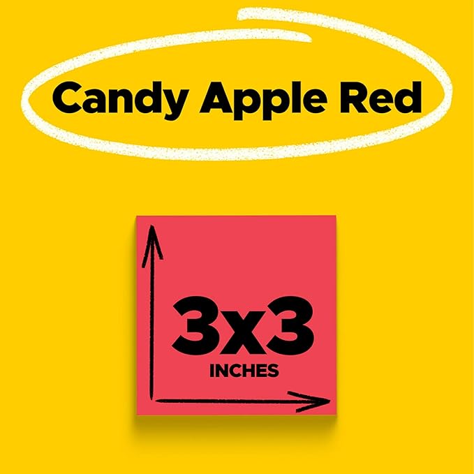 Post-it Super Sticky Notes, 5 Sticky Note Pads, 3 x 3 in, School Supplies, Office Products, Sticky Notes for Vertical Surfaces, Monitors, Walls and Windows, Candy Apple Red