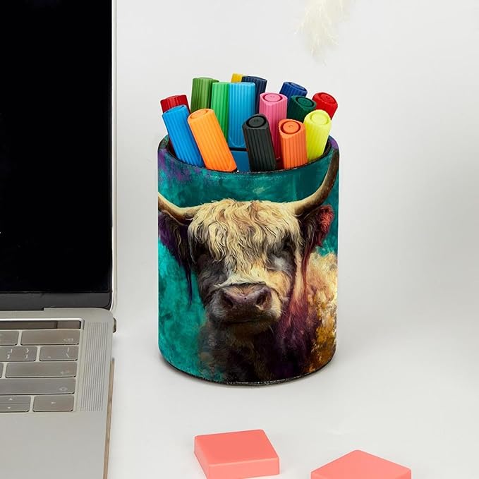 1 Pack Watercolor Art Yak Circular Pen & Pencil Holder - Durable PU Leather Pencil Cup, Desk Accessories Organizer for Office Desk School Home
