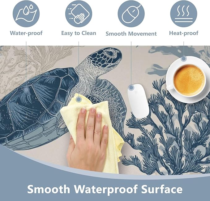 Mouse Pad Desk Mat Leather Desk Pad Large Gaming Desk Cover Protector Mat for Keyboard Computer Laptop Office Waterproof 35.4 x 16.5 Inch Beige and Blue Ocean Turtles Corals