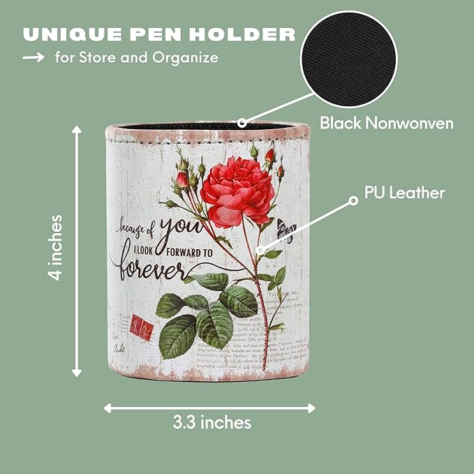 Pencil Cup, PU Leather Desk Pen Organizer for Cosmetics Office Supplies, Valentines Gifts for Mom Wife Grandma, Red Rose and Butterfly PH84