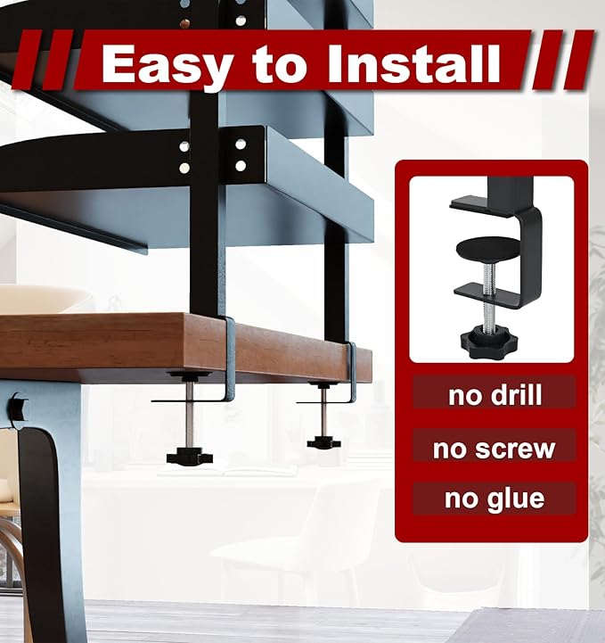 3 Tier Clamp On Desk Organizer Shelf,Large Clip Desktop or Under-Desk Adjustable Metal Storage Tray, Computer Table Organizer for Office Desk