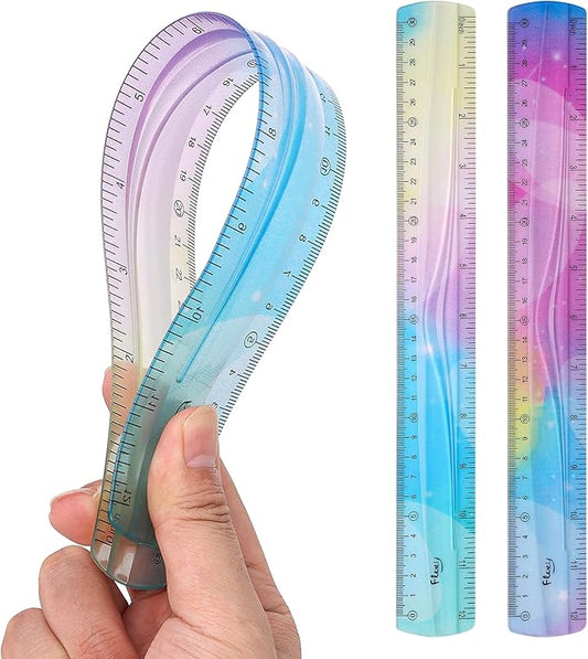 Grevosea 2-Piece 30cm/12inch Flexible Shatterproof Plastic Ruler - Colorful, Bendable, Straight Edge - Ideal for Kids & Adults, School, Home, Office