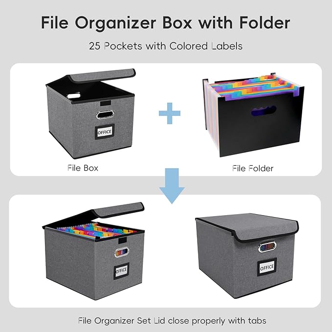File Organizer Box with Folder, 25 Pockets Accordion File Organizer with Colored Labels, Upgraded & Portable File Folders for Home, Office, School, Light Grey
