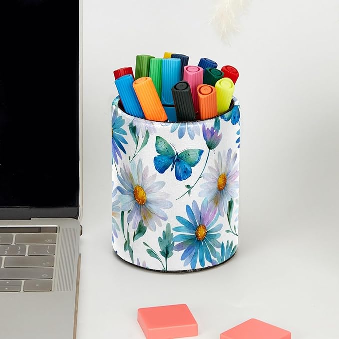 Leather Pen Holder for Desk Butterfly Daisy Pencil Cup Desktop Organizer Makeup Brush Holders Office Supplies for Home, Kids & School