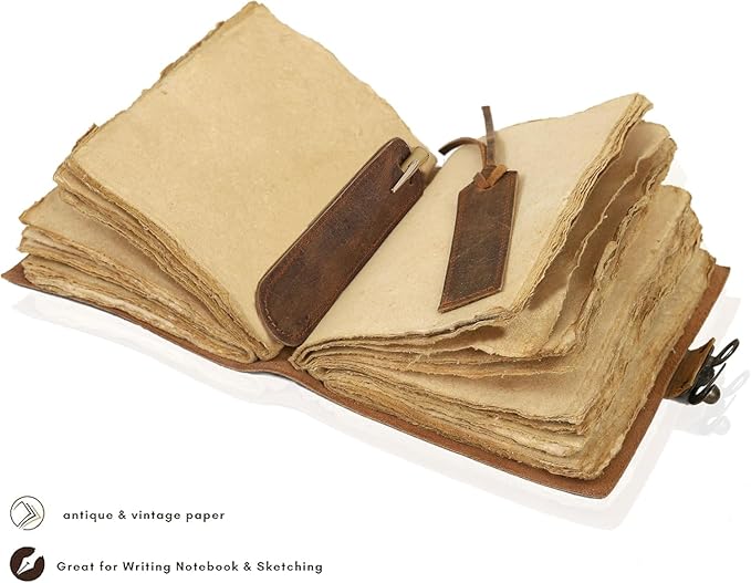 HLC Leather Journal, 200 Pages of Antique Deckle Edges Handmade Paper Vintage Journals for Men & Women, Vintage Lock Closure Rustic Brown Leather Gifts with Pen Holder (6" X 4" inches)