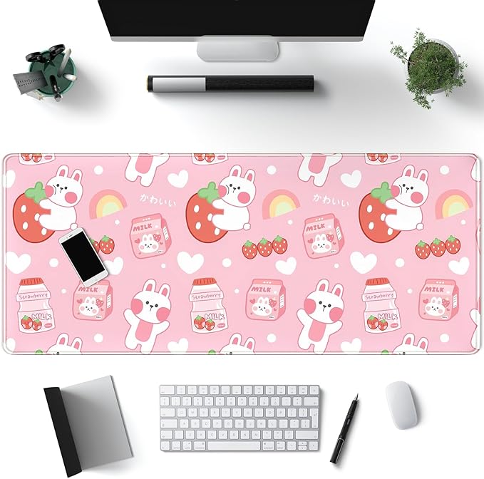 Cute Milk Rabbit Pattern Desk Mat Pink Mouse Pad Office Gaming Pink Cute Office Supplies Decor for Women Desk XL Computer Mouse Pad Accessories Desk Pad 31.5x11.8In with Stitched Eges