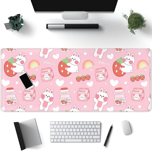 Cute Milk Rabbit Pattern Desk Mat Pink Mouse Pad Office Gaming Pink Cute Office Supplies Decor for Women Desk XL Computer Mouse Pad Accessories Desk Pad 31.5x11.8In with Stitched Eges