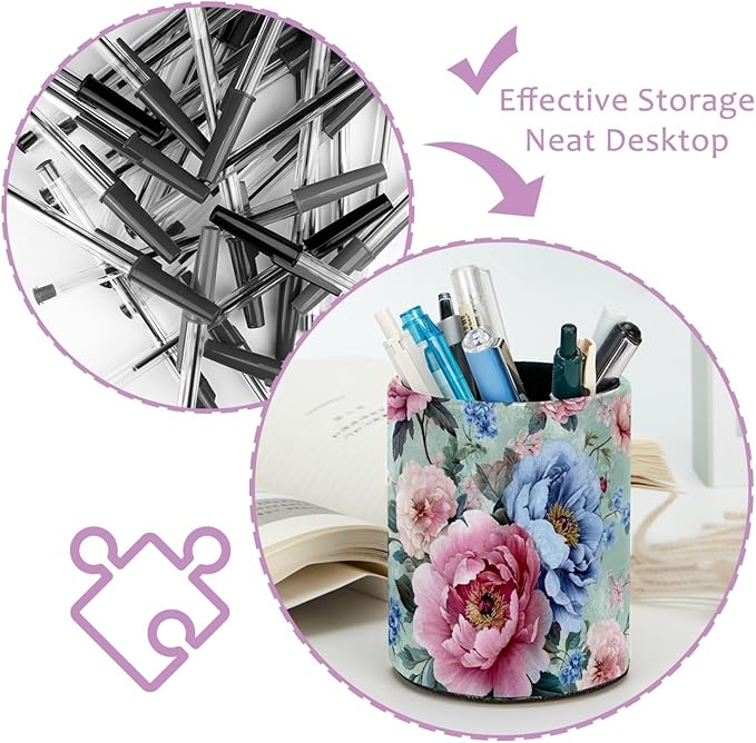 Leather Pen Holder for Desk Classical Vintage Floral Pencil Cup Desktop Organizer Makeup Brush Holders Office Supplies for Home, Kids & School