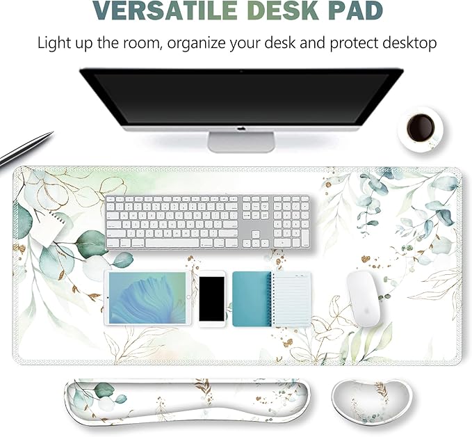 ARTSO Gaming Mouse Pad Wrist Support Set, XXL Large Desk Mat Mousepad + Keyboard Wrist Support+ Mouse Wrist Rest+Coaster 4in1 Ergonomic, Memory Foam, Stitched Edge for Home Office -Pretty Leaves