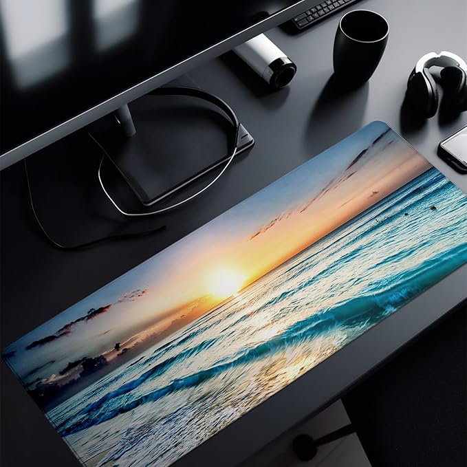 Sunrise Beach Mouse Pad Abstract Sea Mouse Pad 31.5x11.8 Inch Japanese Texture Non-Slip Rubber Base Large Mousepad Stitched Edges Keyboard Mouse Mat Desk Pad for Office and Home