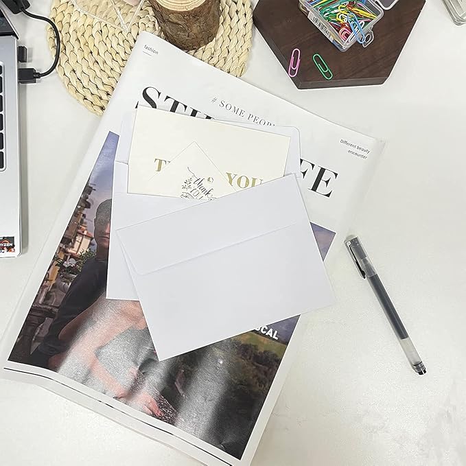 A9 Invitation envelopes（100 PCS 5.75x8.75 in ）- windowless design 120GSM white paper envelopes with printable quick self-seal for invitations, greeting cards, invoices