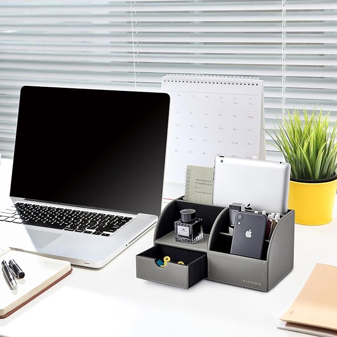 Vlando Desk Organizer with Drawer, Back to School Supplies - 5 Compartment Desktop Storage Holder with Organizer Section for Desk Accessories (Gray)