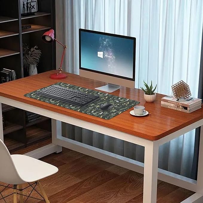 Green Plants Flowers Desk Pad Mouse Pad,Large Floral Mouse Mat with Stitched Edges,Non-Slip Rubber Base Elegant Mousepad for Office PC Keyboard Laptop and Home Work Desk Mat(27.5X11.8 in)