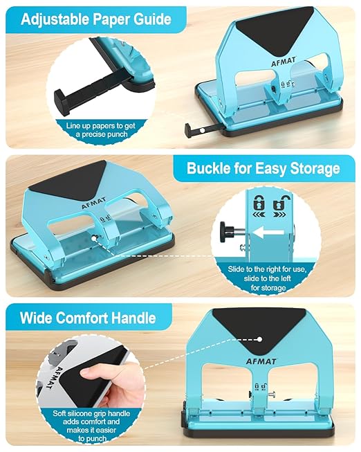 AFMAT HP20 Heavy Duty 3 Hole Punch, 60% Reduced Effort, 50-Sheet 3 Hole Puncher for Binder, 10,000+ Uses, Metal Three Hole Punch for Home Office School, w/Large Chip Tray, Paper Guide