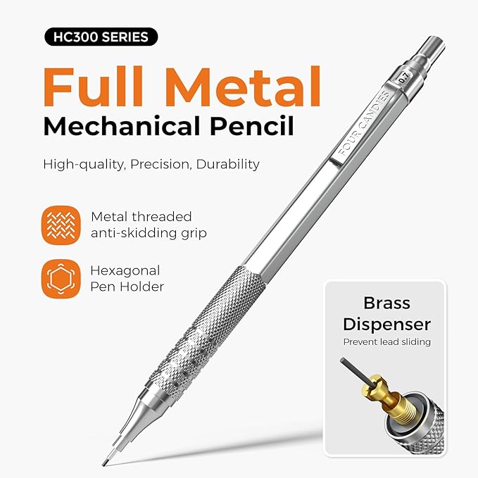 Four Candies 4PCS Metal Mechanical Pencils Set with Case, 0.5mm & 0.7 mm Artist Pencil with 8 Tubes (480PCS) HB Lead Refills, 3 Erasers,9 Eraser Refills For Writing Drafting, Drawing, Black&Silver