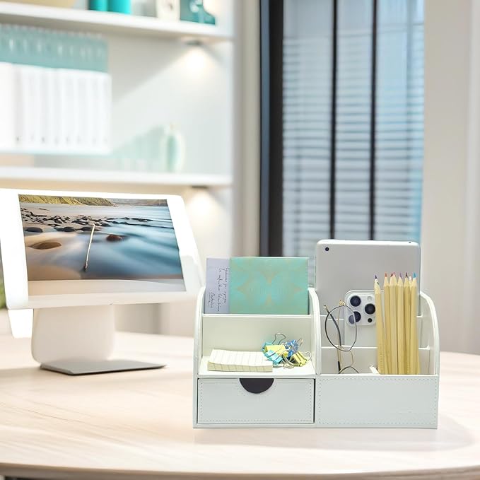 UnionBasic Office Desk Organizer - Multifunctional PU Leather Desktop Storage Box - Business Card/Pen/Pencil/Mobile Phone/Stationery Holder, White
