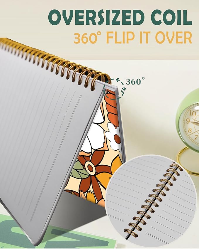 Ruled Spiral Writing Notebook,A5 Hardcover Lined College Journal for Women,Strong Twin-Wire Binding with Premium Paper,8.4" X 6",Perfect for School,Office,Home(White Orange Daisy)