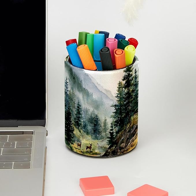 1 Pack Watercolor Mountain Deer Circular Pen & Pencil Holder - Durable PU Leather Pencil Cup, Desk Accessories Organizer for Office Desk School Home