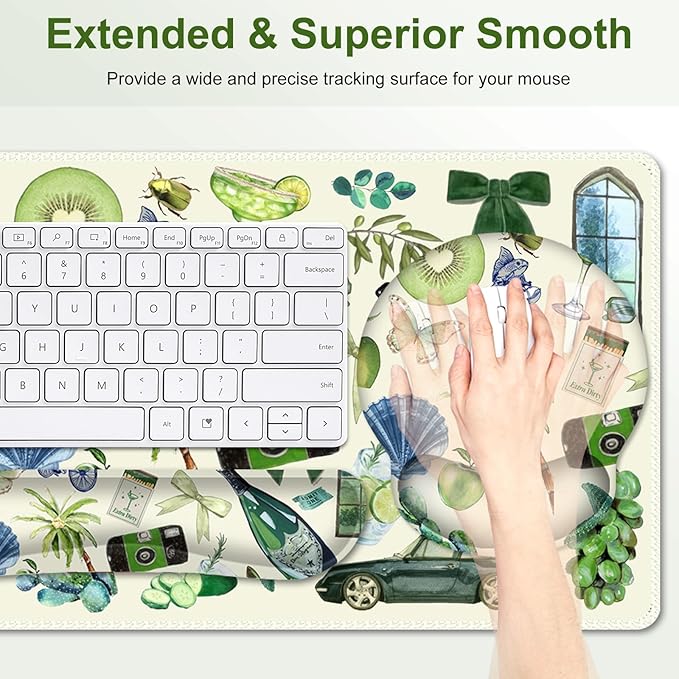 Mouse Pad, 4 in1 Large Desk Mat, Desk Pad Matt for Desktop, Anti-Slip XXL Big Computer Ergonomic Mousepad with Wrist Support for Keyboard and Mouse for Women I Green Theme Stickers