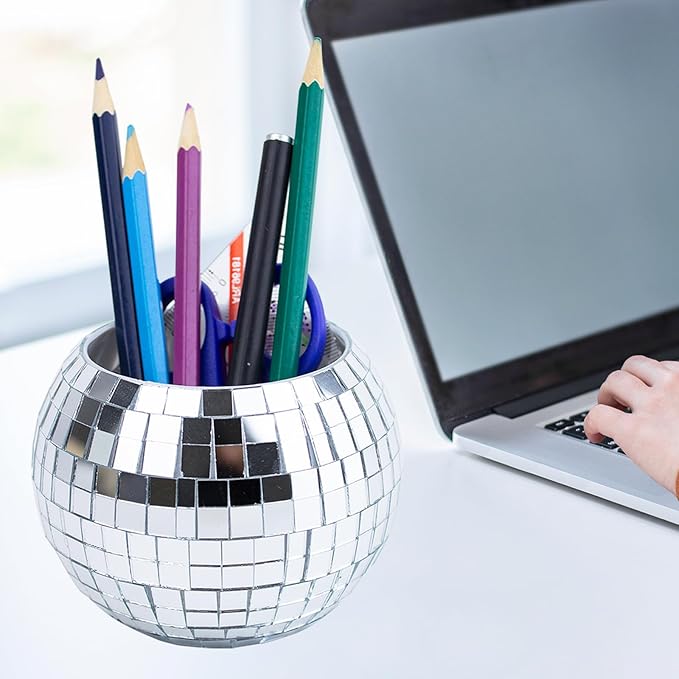 FlidRunest Disco Ball Pencil Pen Holder for Desk, Sequin Plastic Makeup Brush Holder Organizer, Disco Ball Desk Accessories Decor, Multifunctional Pencil Cup for Home Office Decoration