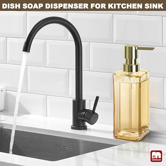 GMISUN Gold Soap Dispenser, Hand Glass Soap Dispenser with Pump, for Bathroom, 12 fl oz/350ml Refillable Dish Dispenser for Kitchen, Modern Liquid Soap and Lotion Bottles for Bathroom Countertop