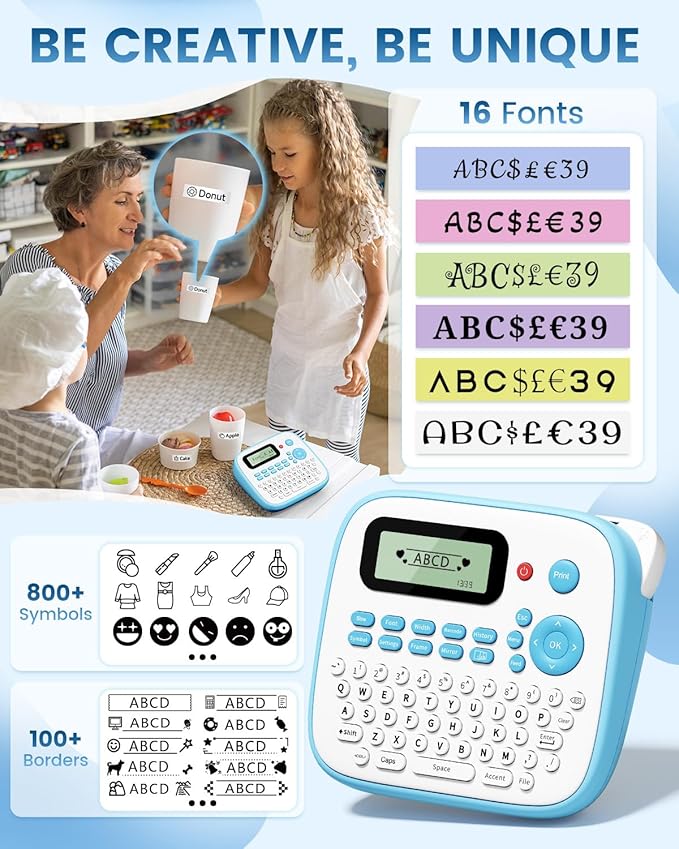 Label Maker Machine with Tapes, Label Maker Waterproof-Labels, Portable Label Makers Bundle 4 Label Tapes Included 12mm 0.47 Laminated White, D210S Handheld Labeling Machine for Home Office School