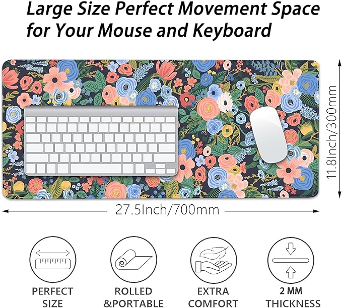 Garden Party Flowers Desk Pad Mouse Pad,Large Floral Mouse Mat with Stitched Edges,Non-Slip Rubber Base Mousepad for Office PC Keyboard Laptop and Home Work Desk Mat(27.5X11.8 in)