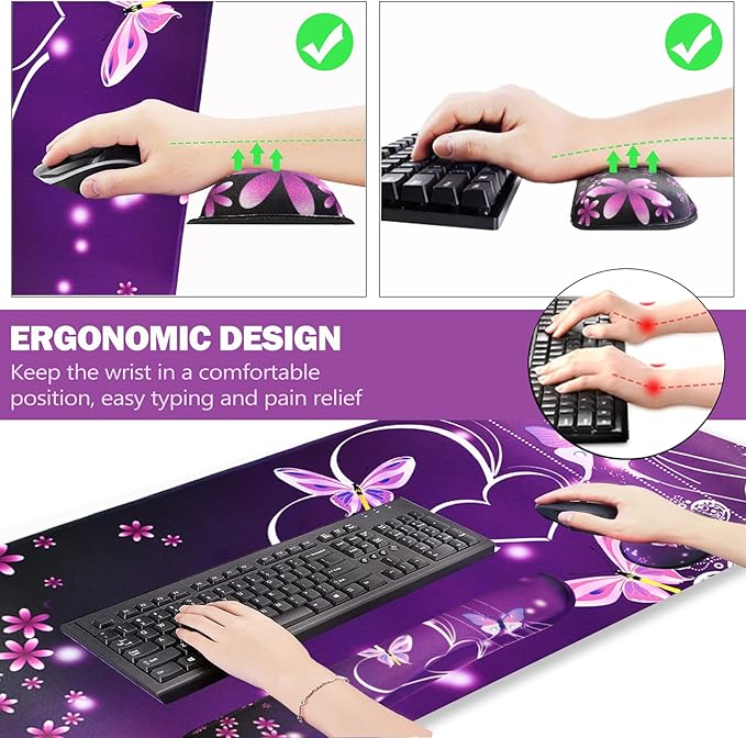 ARTSO Large Gaming Mouse Pad, Keyboard Wrist Rest Pad & Wrist Support Mousepad Set, Stitched Edge, Extended, Non-Slip Base, Memory Foam Desk Mat for Office, Home, Purple Heart Butterfly
