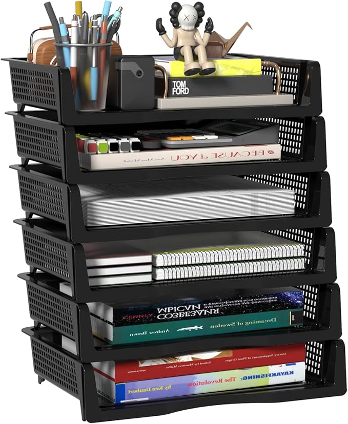 Set of 6 Plastic Letter Trays Stackable, Plastic Stackable A4 Paper Tray, Desktop File Organizer, Black