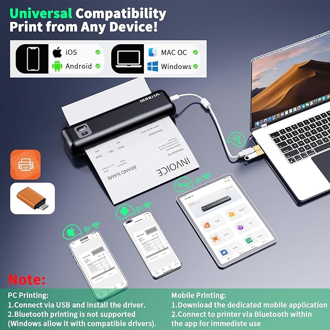 Rongta Portable Printer Wireless for Travel, Inkless Thermal Printers for 8.5" x 11" US Letter & A4 Size, Compatible with Android iOS Smartphone, Mac Windows Laptop for Office & Home (Black, Thermal)