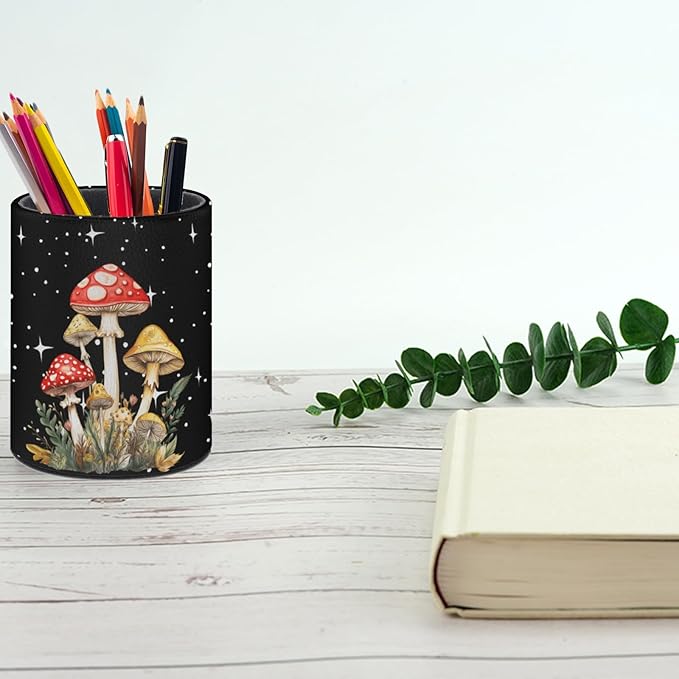 Mushroom Pen Holder Pencil Organizer Cute Pencil Cup Desk Decor Makeup Brush Holder PU Multifunctional Office Suppliesfor Home Classroom School