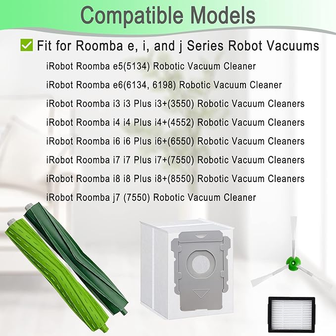 CauYien 26 Pack Replacement Parts accessories for iRobot Roomba i3 i3+ i4 i6 i6+ i7 i7+ E5 E6 E7 j7 I & E j Series Vacuum Cleaner,2 Set Rubber Brushes,8 Vacuum Filters,8 Side Brushes,8 Vacuum Bags