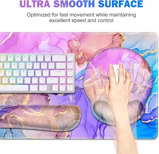 Gaming Mouse Pad, Large Desk Mat, Cute Desk Pad Protector, 4in1 XXL Mousepad + Keyboard Wrist Rest+Mouse Wrist Rest+Coaster Set with Ergonomic Desk Pad for Home Office PC Computer, Colorful Marble