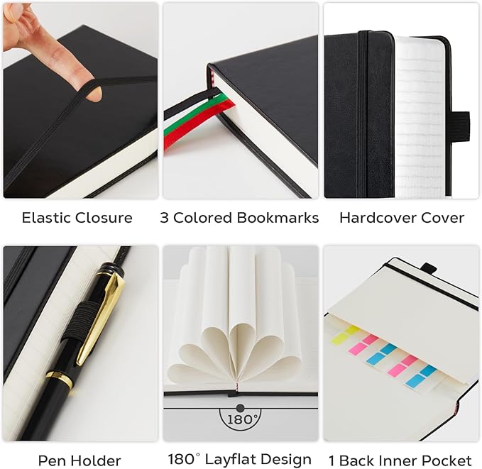 Journal Notebooks College Ruled, Thick Notebook Journal with 100GSM Paper, B5 Large Lined Notebook Journal for Women & Men, 7.1'' X 10'', 320 Pages, Black Leather Notebook