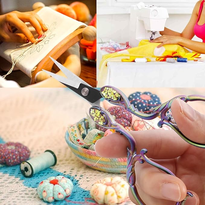 BIHRTC Small Embroidery Scissors 4.5 Inch with Artificial Leather Cover Stainless Steel Shears Mini Rainbow Flower Scissors for Handicraft DIY Tool Crafting Cross Stitch Handcraft
