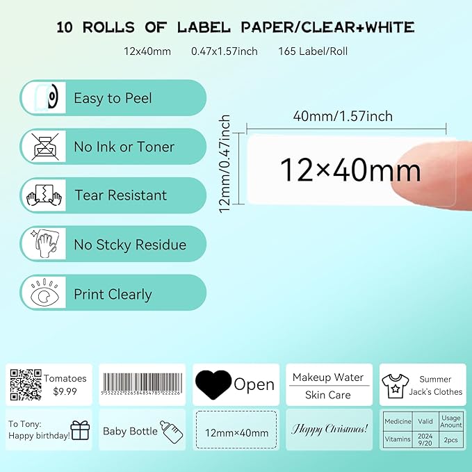 EEBBL D30 P21 Label Tape 12 x 40 mm(0.47"x1.57"), d30 Labels Compatible with D30 Portable Label Printer Adapted Label Print Paper for Office 160 Labels/Roll, 10 Rolls (White+Transparent)