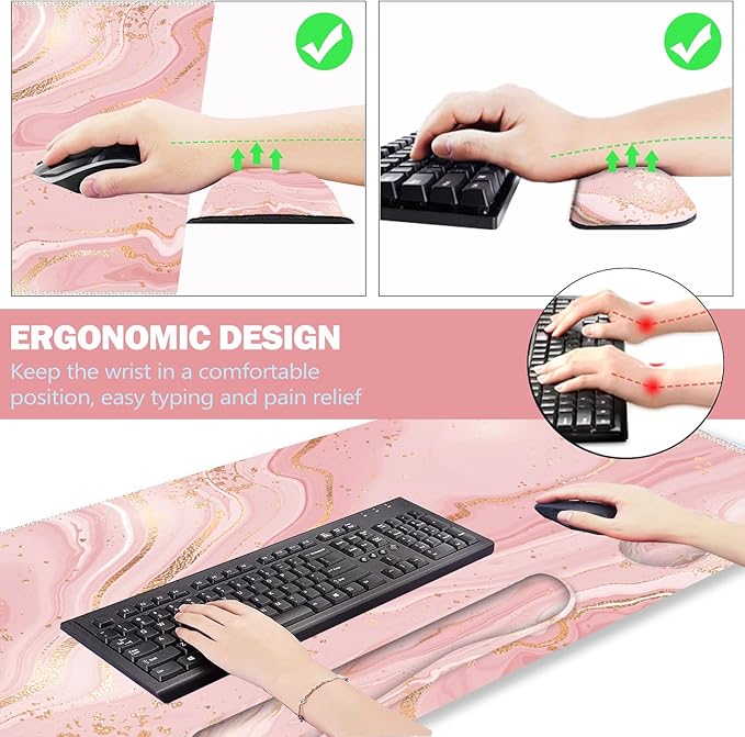 ARTSO Extended Gaming Mouse Pad Set, Keyboard Wrist Rest Support Pad + Wrist Cushion + XXL Large Mouse Pad + Coaster, Stitched Edge, Non-Slip, Memory Foam Desk Mat, Pink Gold Marble