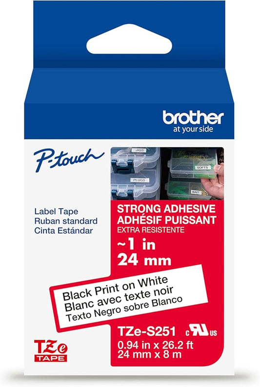 Brother Genuine P-Touch TZe Black Print on White Label Tape (TZeS251), Strong Adhesive Laminated, ~1in x 26.2ft (24mm x 8m), for Select P-Touch Label Makers, Water-Resistant, Extra Strength