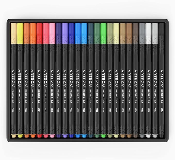ARTEZA Inkonic Fineliners Pens, Set of 24, 0.4 mm Fine Tip Markers, Water-Based Art Pens for Drawing, Sketching, Journaling, Calligraphy