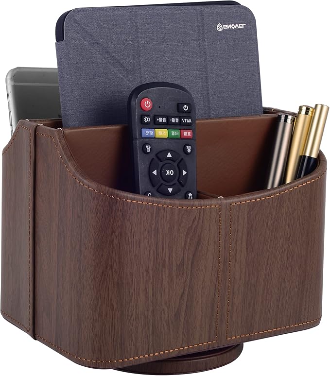 Brown 360 Degree Swiveling TV Remote Control Holder/Caddy, Leather Desk Organizer for Office and Home Furniture Decoration Storage Box(Dark wood grain)