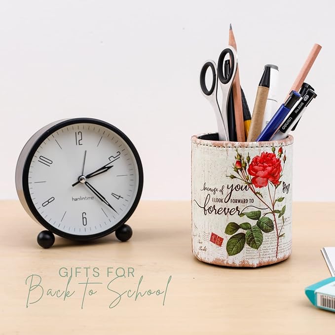 Pencil Cup, PU Leather Desk Pen Organizer for Cosmetics Office Supplies, Valentines Gifts for Mom Wife Grandma, Red Rose and Butterfly PH84