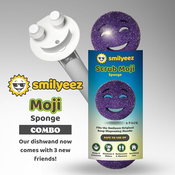The Original Smiling Handle for Scrub Daddy (Reg. TM) Sponge and Scrub Moji Sponge - (White Handle) & 3 Purple Scrub Moji's