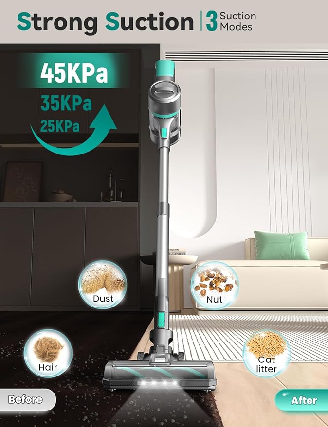 DEVOAC Cordless Vacuum Cleaner for Home, 45Kpa Lightweight Stick Vacuum with Powerful Suction, Rechargeable Battery Up to 50mins, Handheld Vacuum Cleaners for Hardwood Floor, Carpet, Pet Hair(Green)