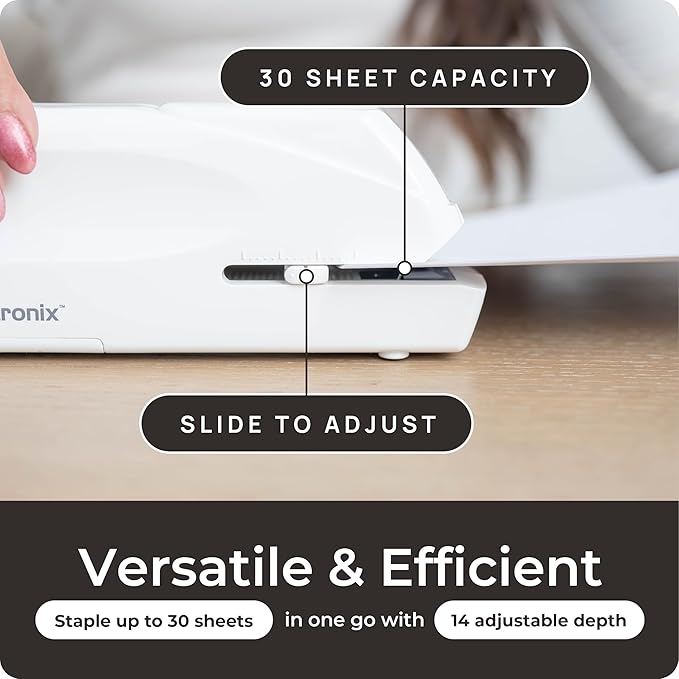 Portable Automatic Electric Stapler - 30 Sheet Capacity, Quiet Operation, Jam-Free and Easy Reload - AC Adapter/Battery Powered (White & Black Combo)